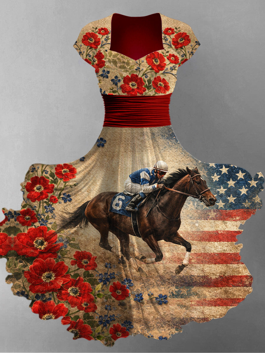 Retro Derby Horse Art Printed Vintage V-Neck Pleated Waist Short Sleeve Midi Dress
